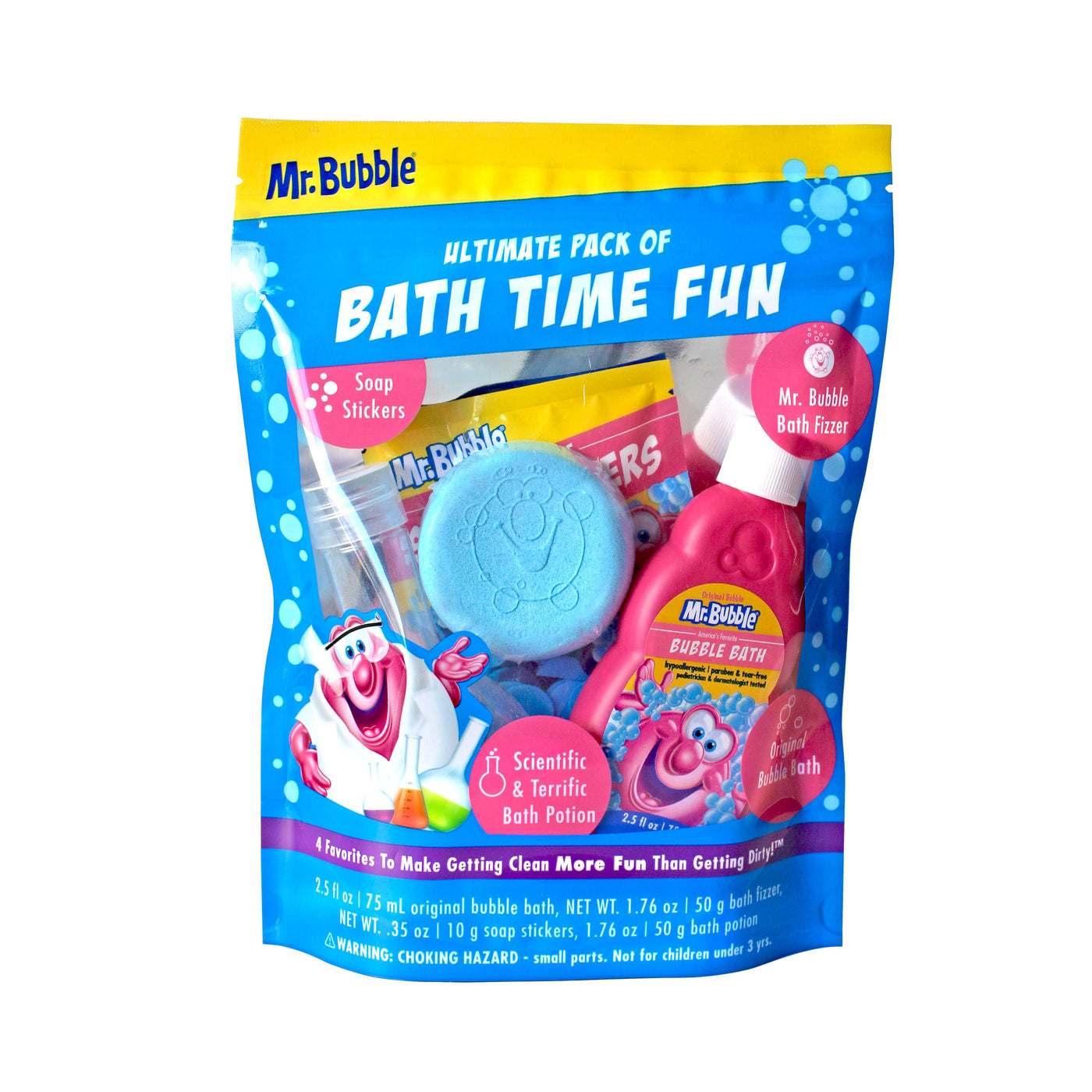 Mr. Bubble Ultimate Pack of B ath Time Fun. Scientific & Terrific Bath Potion Soap Stickers, Original Bubble Bath, Mr. Bubble Bath Fizzer