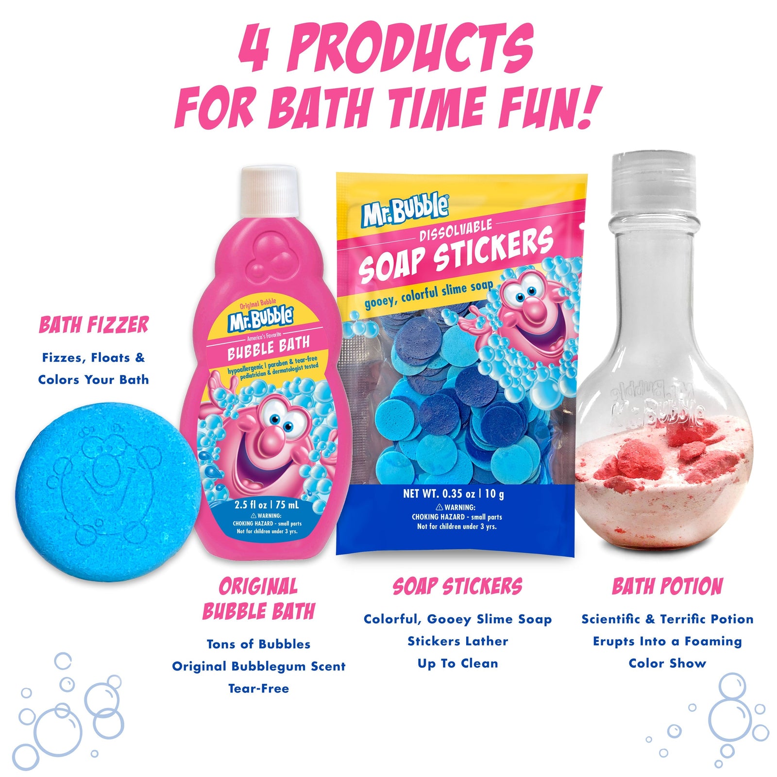 Mr. Bubble Ultimate Pack of B ath Time Fun. Scientific & Terrific Bath Potion Soap Stickers, Original Bubble Bath, Mr. Bubble Bath Fizzer