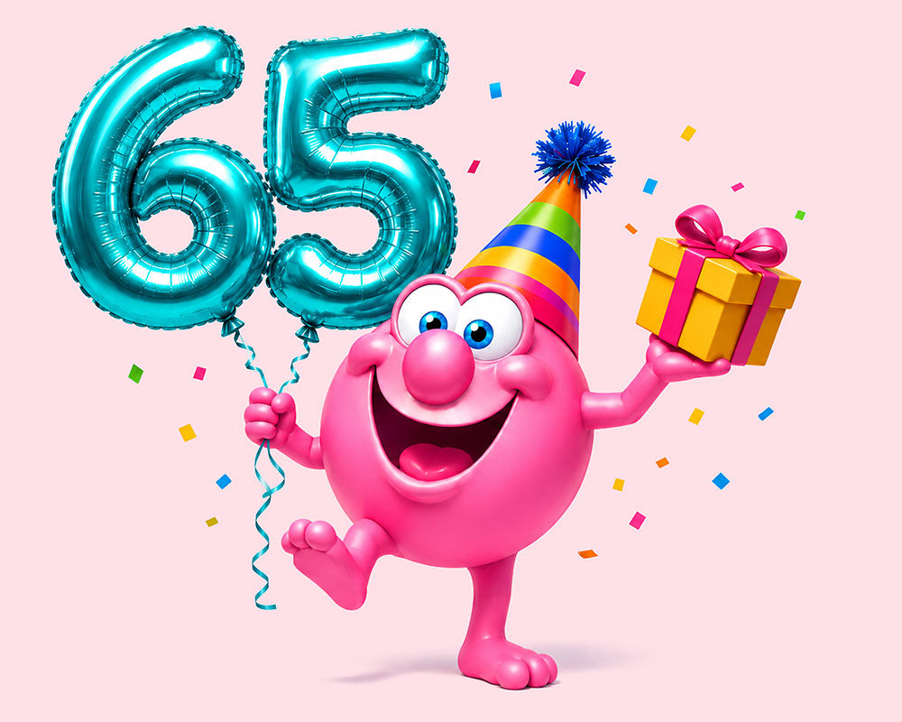 Mr. Bubble celebrating 65 years with balloons and a gift